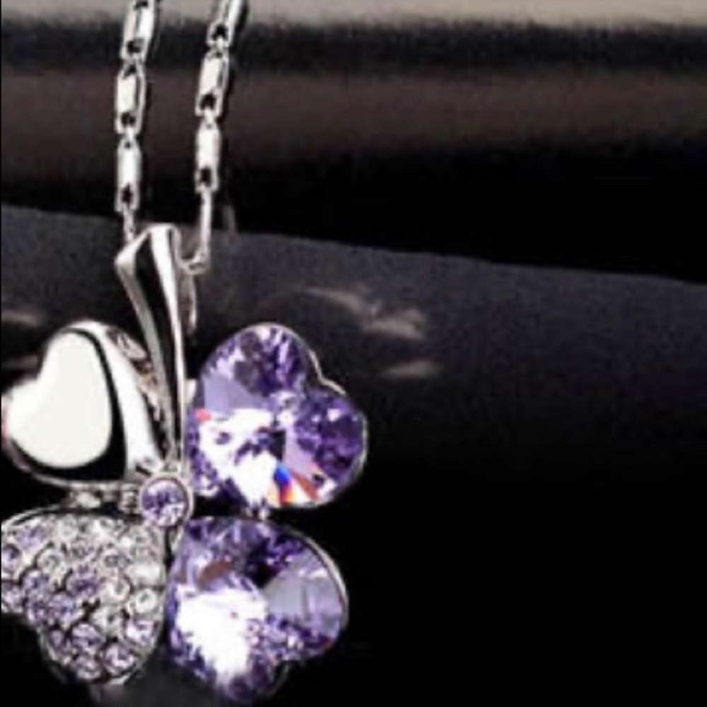 New White Gold Plated Charming Light Purple four Leaf Clover Pendant Necklace
